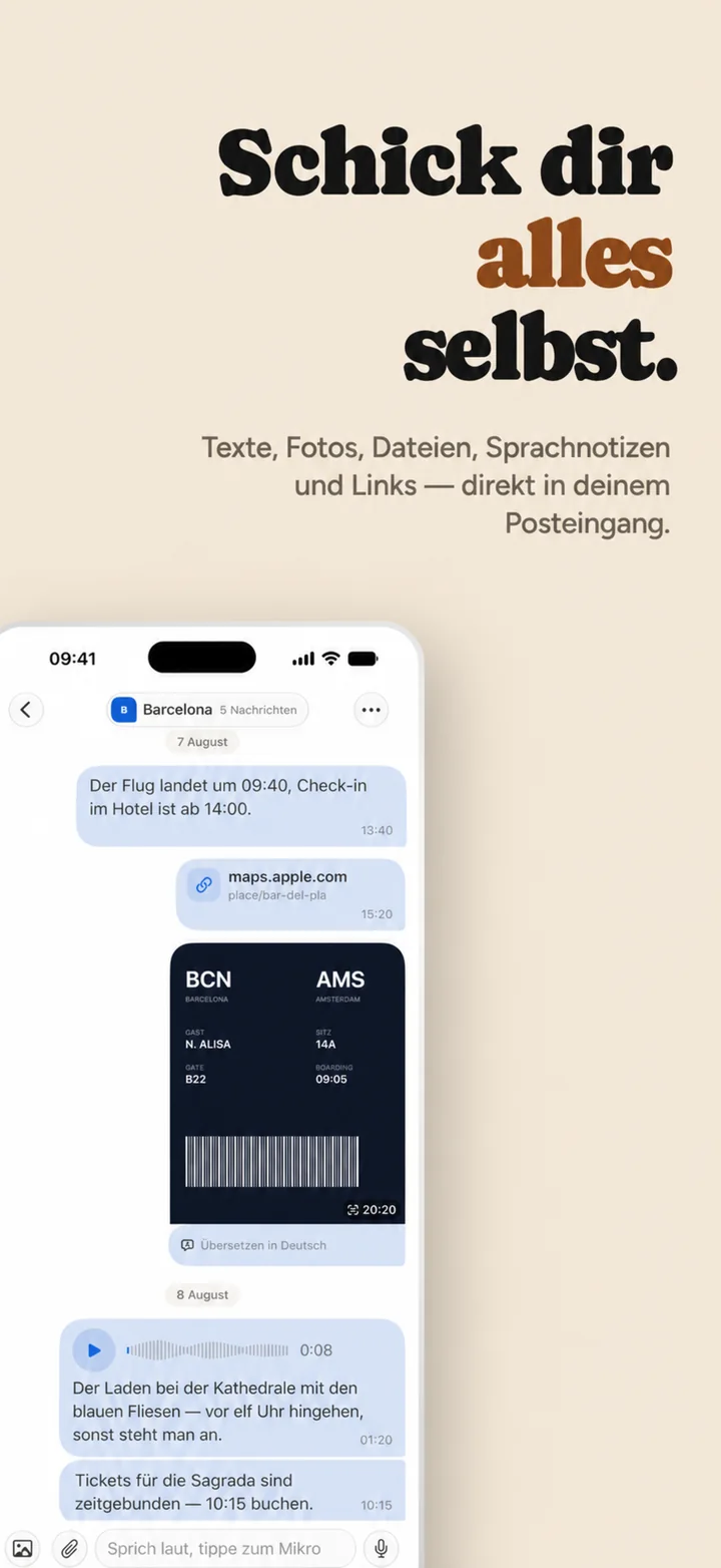 Send yourself anything — a photo, a file, a voice note and a link in one conversation