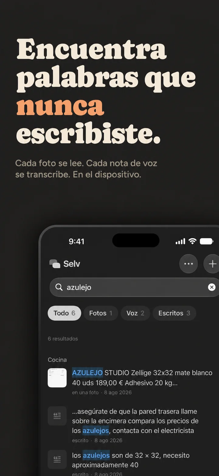 Finds words you never typed — one search across typing, photos and voice