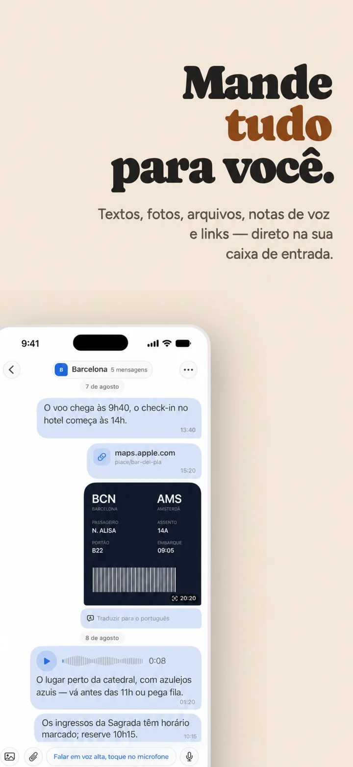 Send yourself anything — a photo, a file, a voice note and a link in one conversation