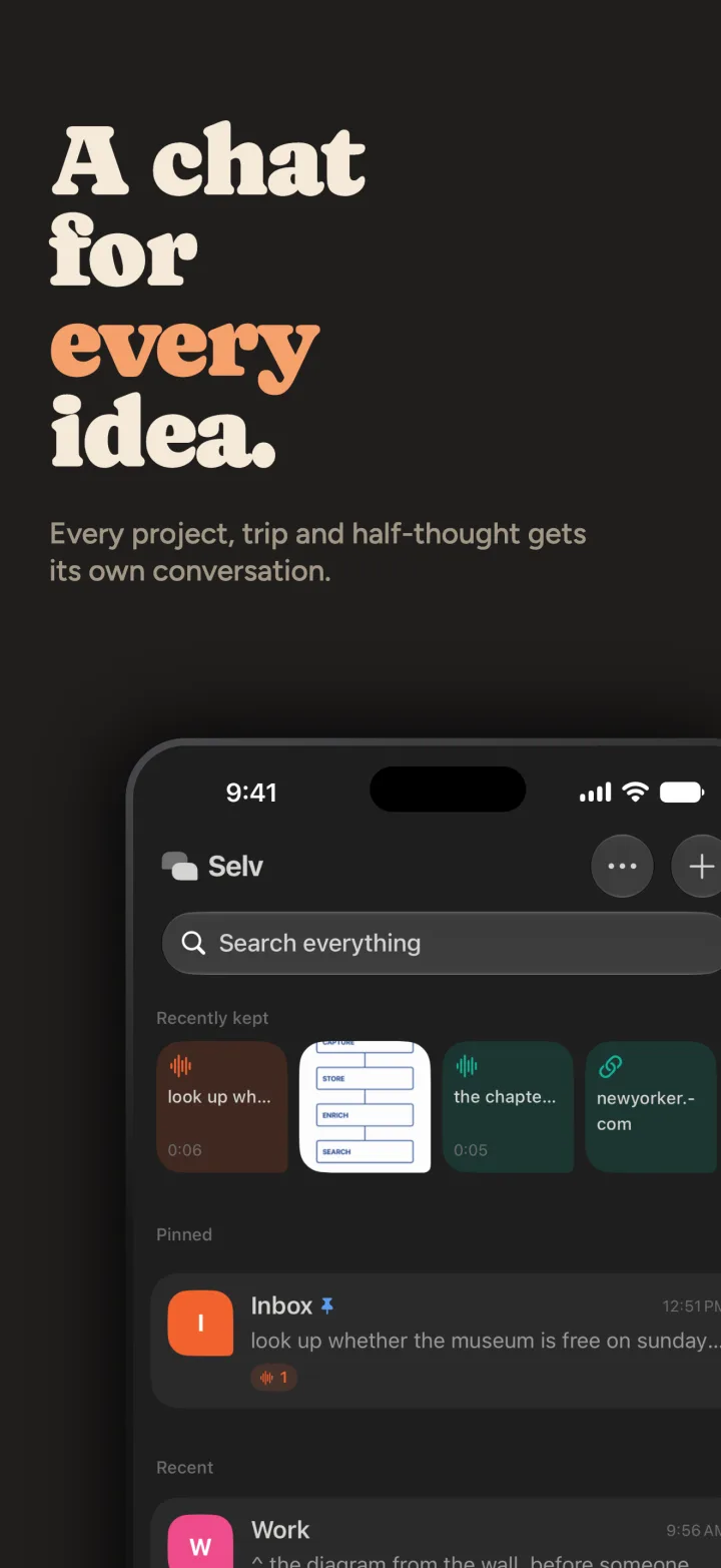 A chat for every idea — the chat list, in dark mode