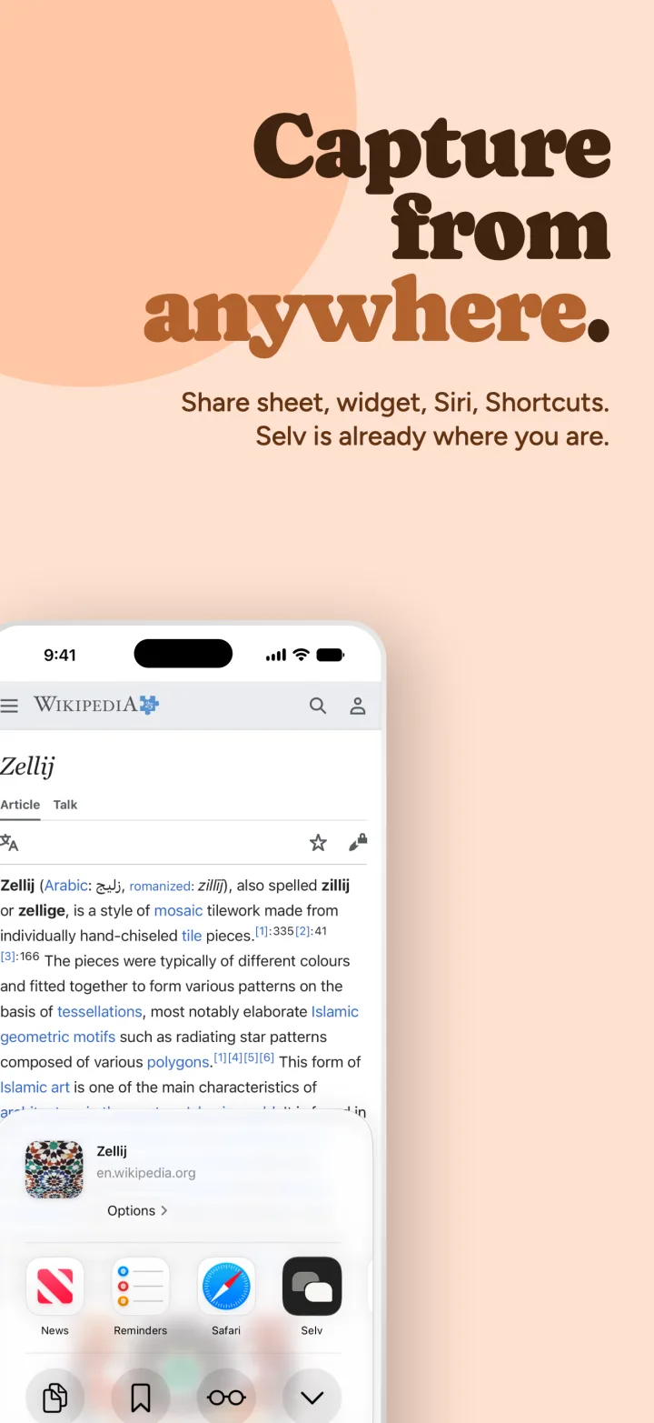 Capture from anywhere — Selv in the share sheet
