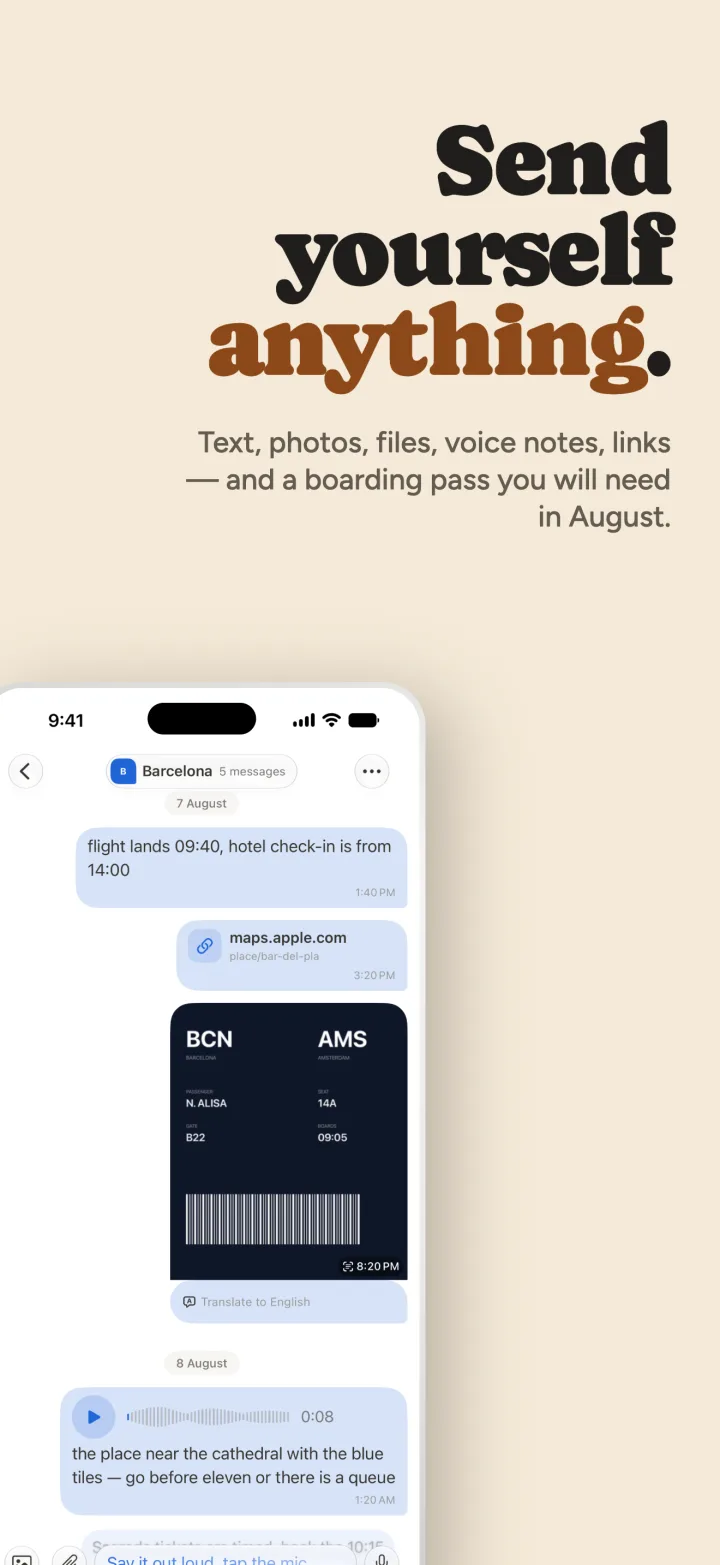 Send yourself anything — a photo, a file, a voice note and a link in one conversation